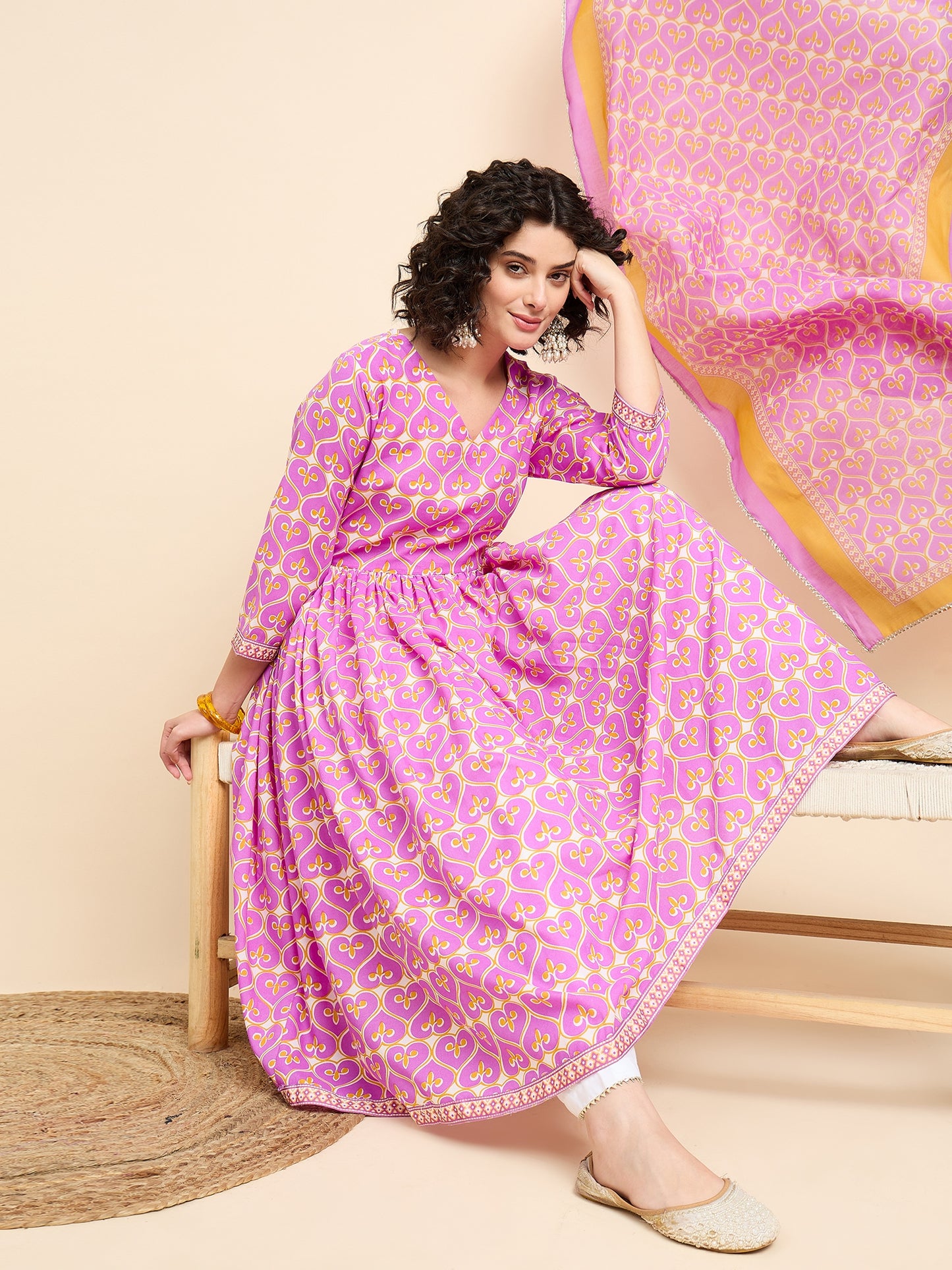 Ethnic Set Women Printed Anarkali Pink Kurta And Pant Set With Dupatta