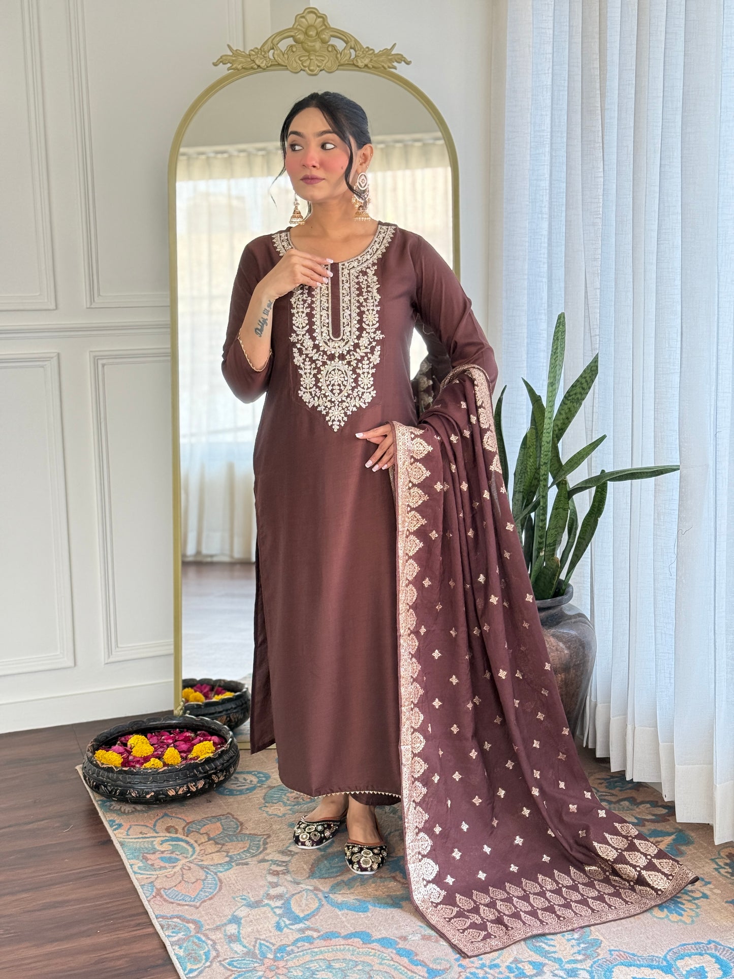 Elegant Solid Embroidered Kurta Set for Women – Festive Wear with Dupatta