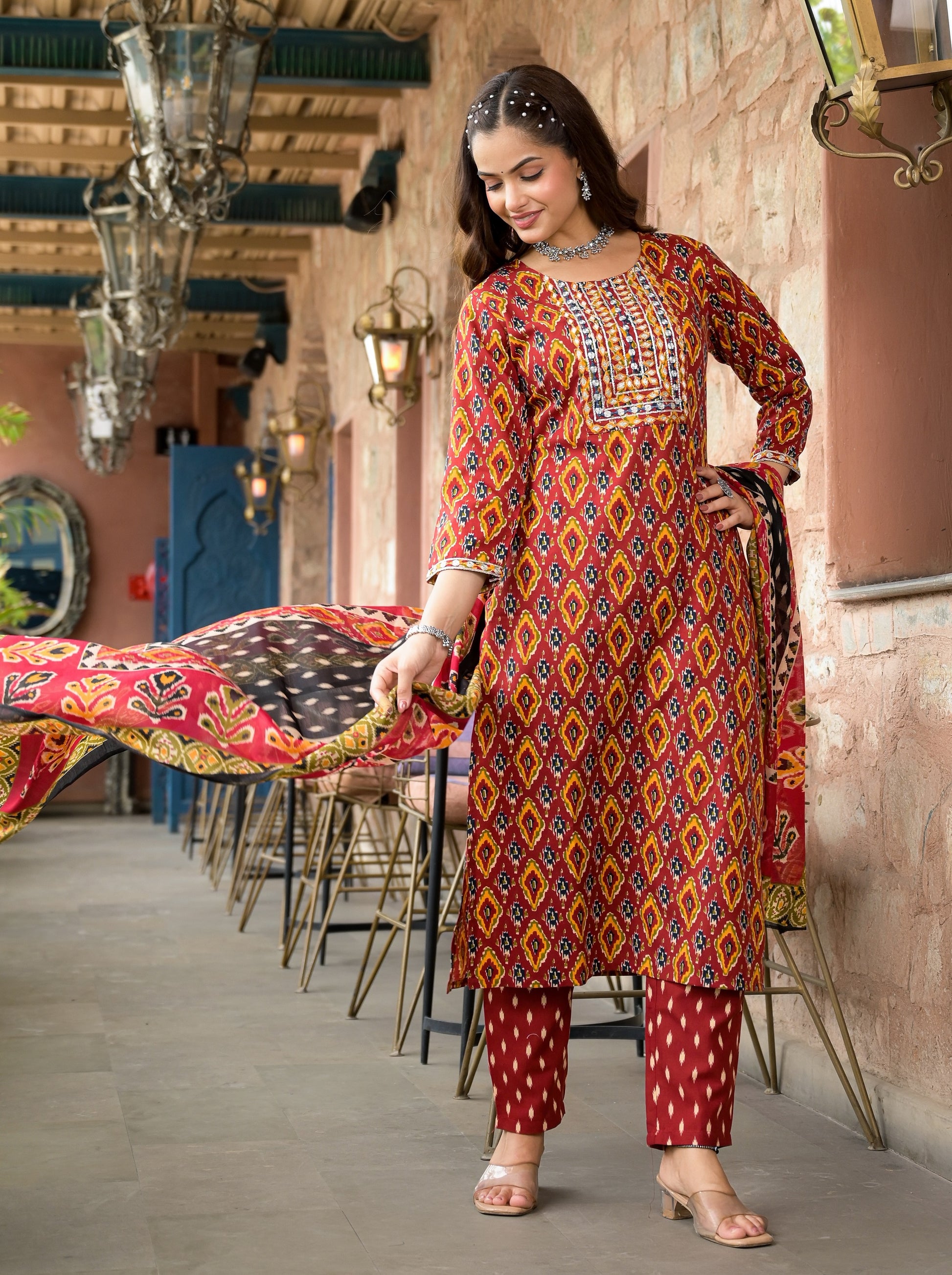 Ethnic Set Women Embroidery Straight Kurta and Pant set with Dupatta - Ethnic Set