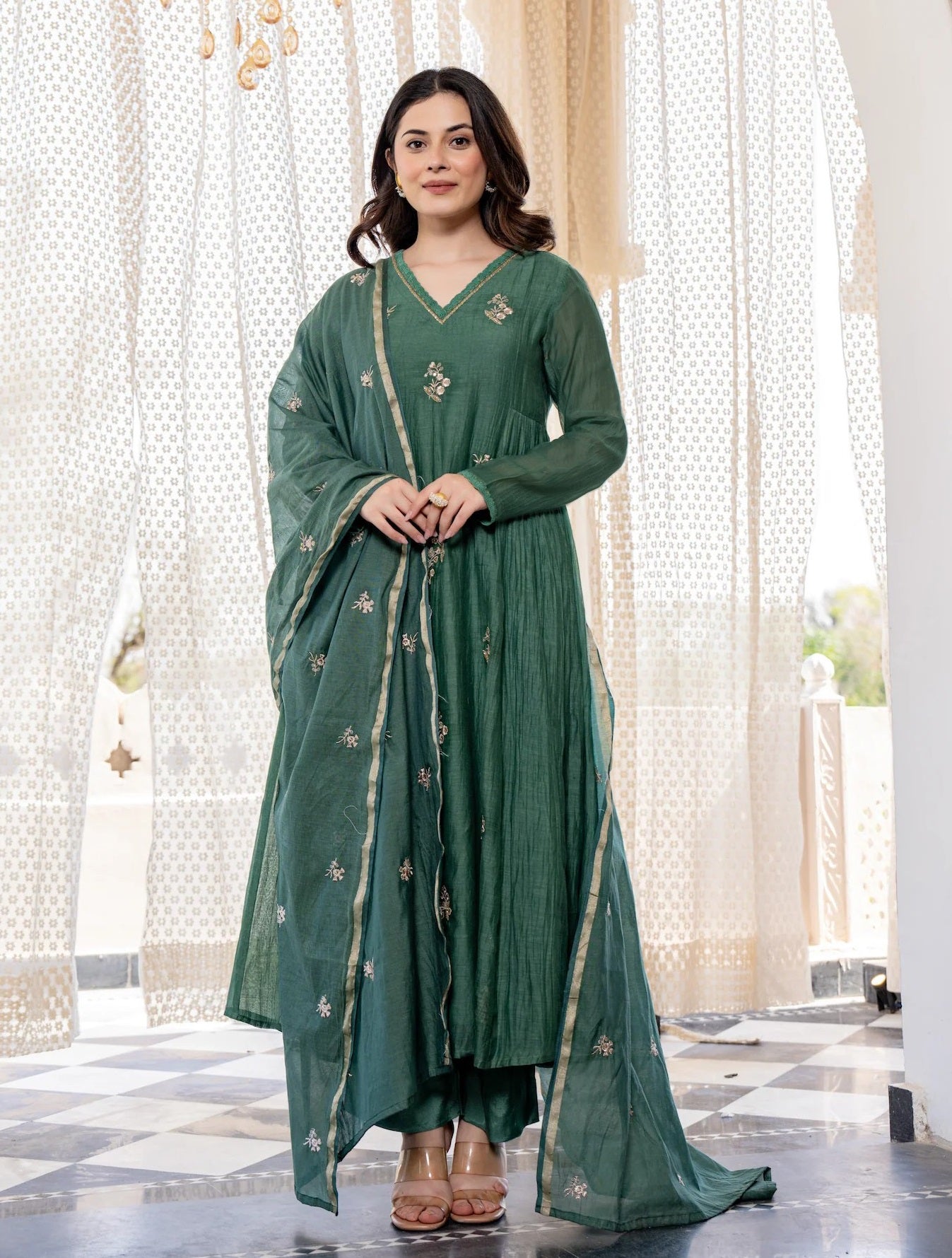 Ethnic Set Women Silk Embroidery Anarkali Kurta and Pant Set with Dupatta