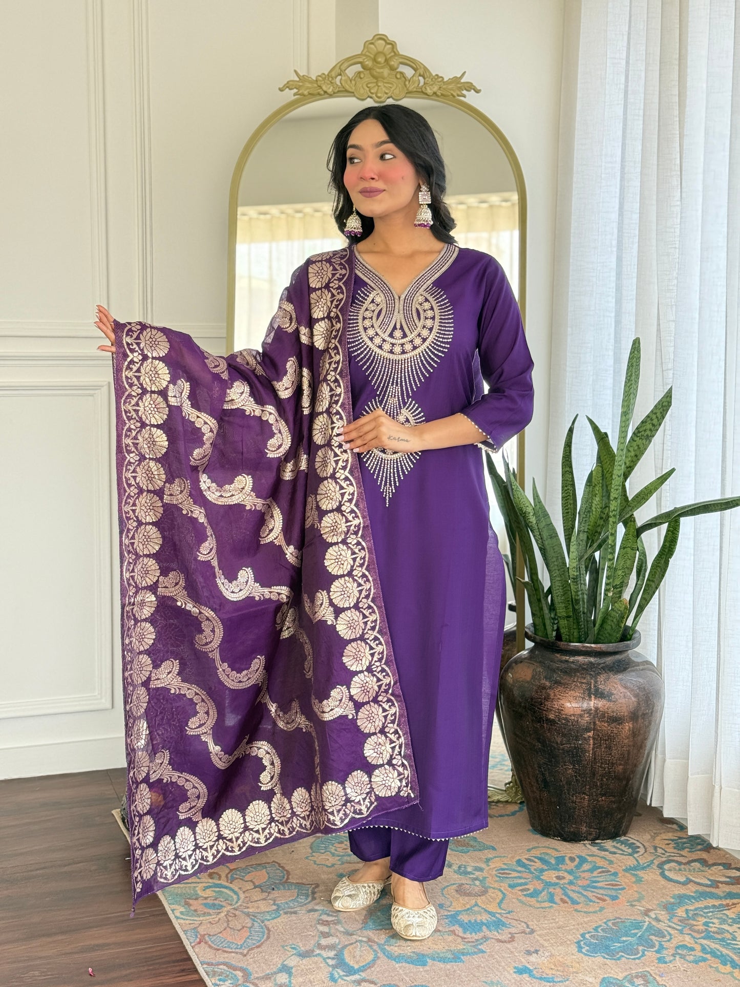 Elegant Solid Embroidered Kurta Set for Women – Festive Wear with Dupatta