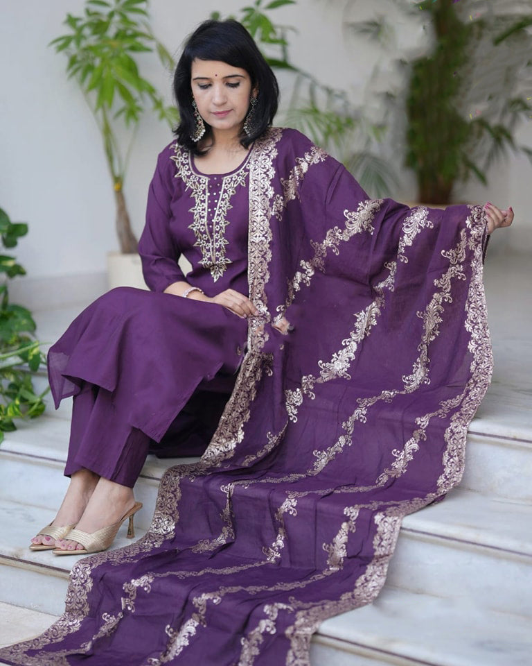 Ethnic Set Women Embroidered Wine Kurta and Pant Set With Dupatta