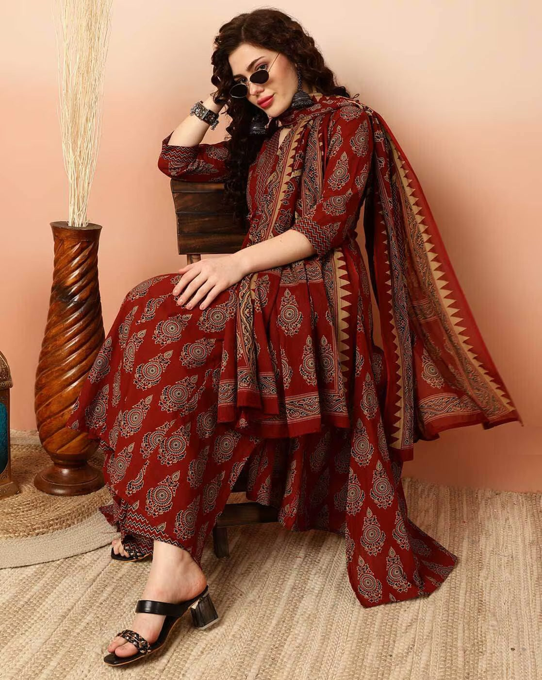 Ethnic Set Women Printed Anarkali Red Kurta and Pant Set With Dupatta
