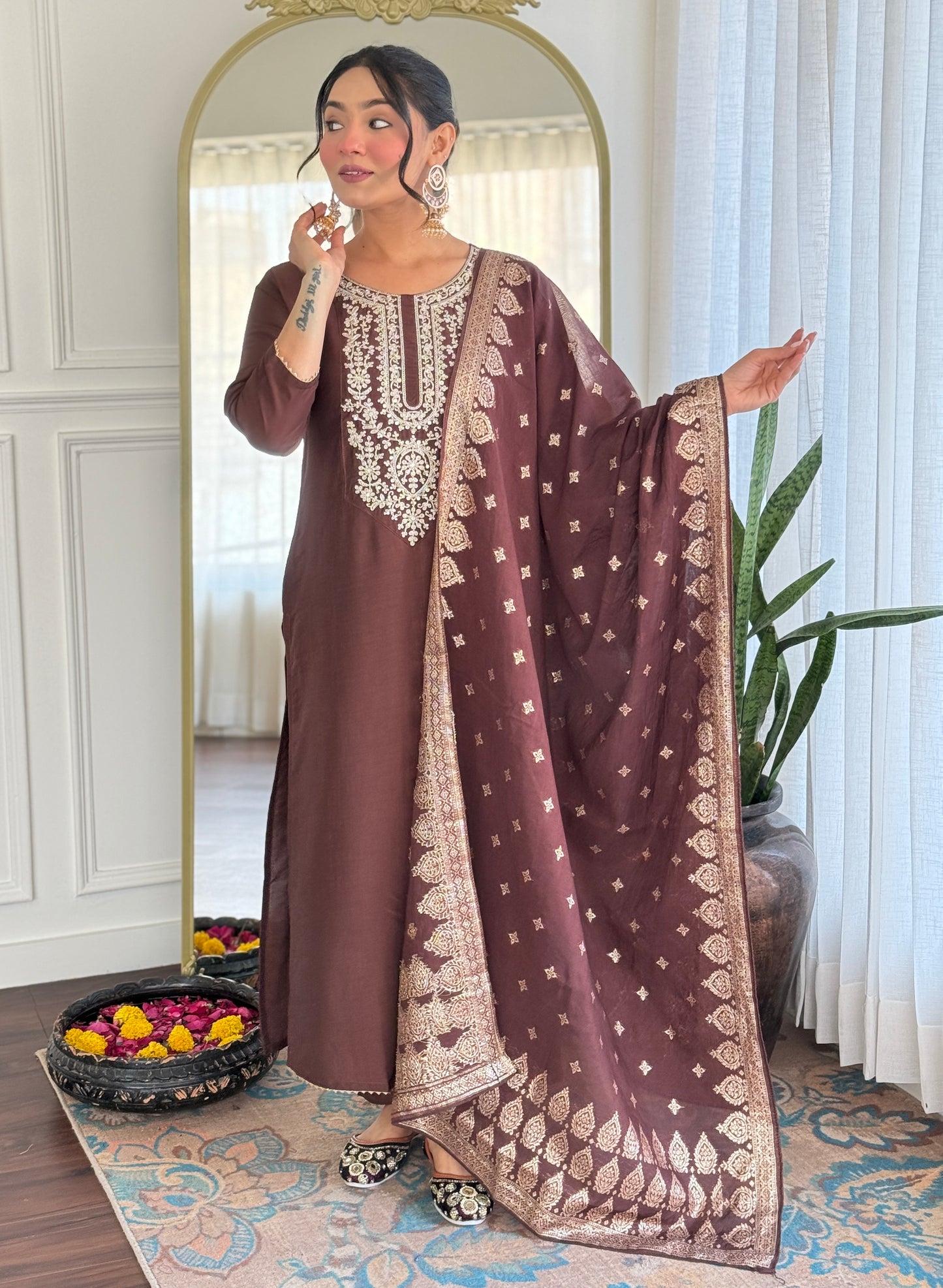 Elegant Solid Embroidered Kurta Set for Women – Festive Wear with Dupatta