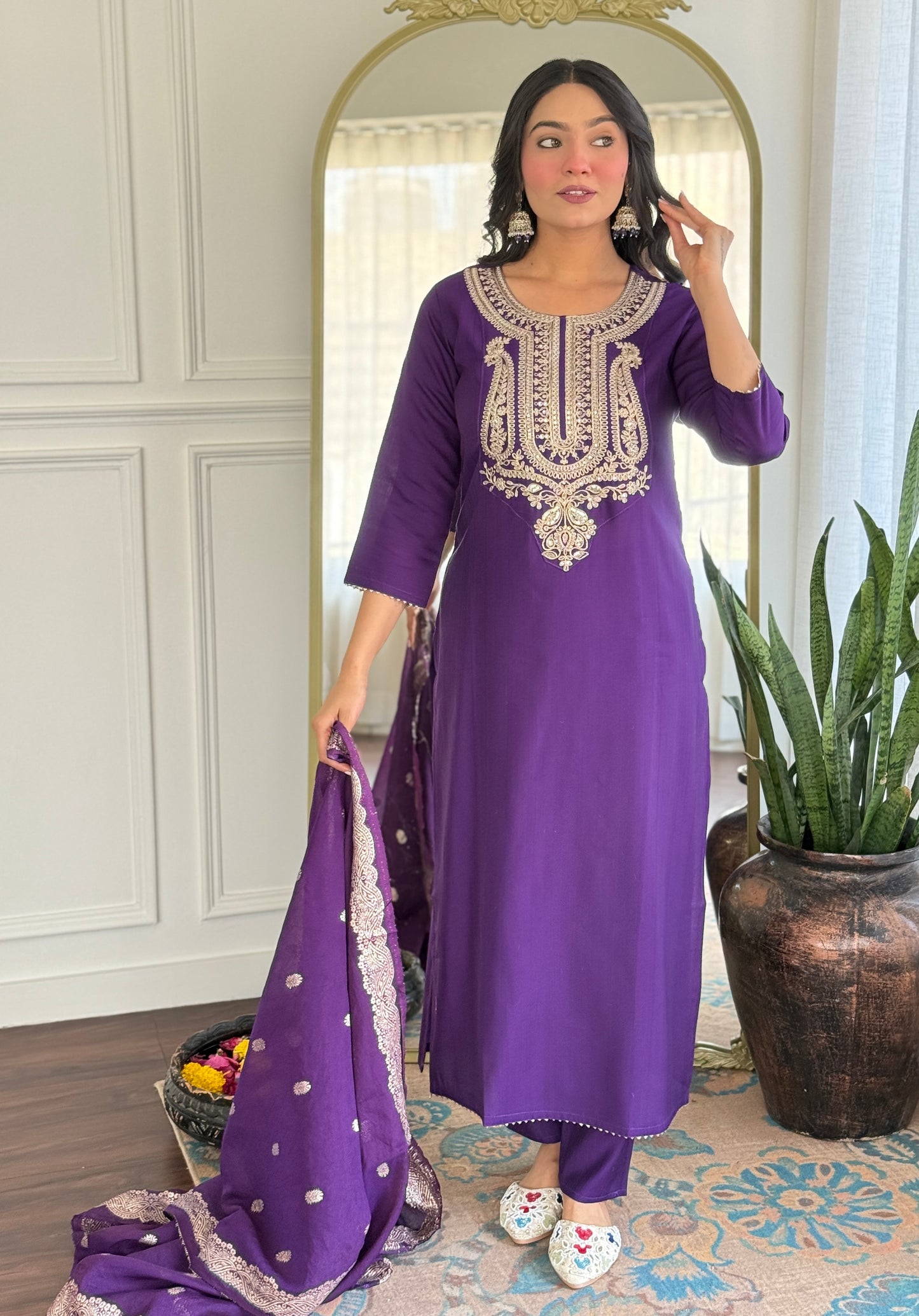 Women's Solid Embroidery Kurta Set – Ethnic Festive Wear (Kurta + Pants + Dupatta)