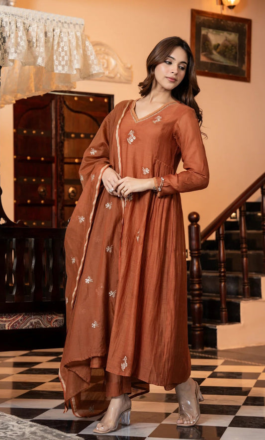 Ethnic Set Women Silk Embroidery Anarkali Kurta and Pant Set with Dupatta