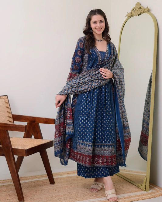 anarkali, printed kurta, women printed anarkali kurta and pant set with dupatta, festival wear, casual , ethnic set