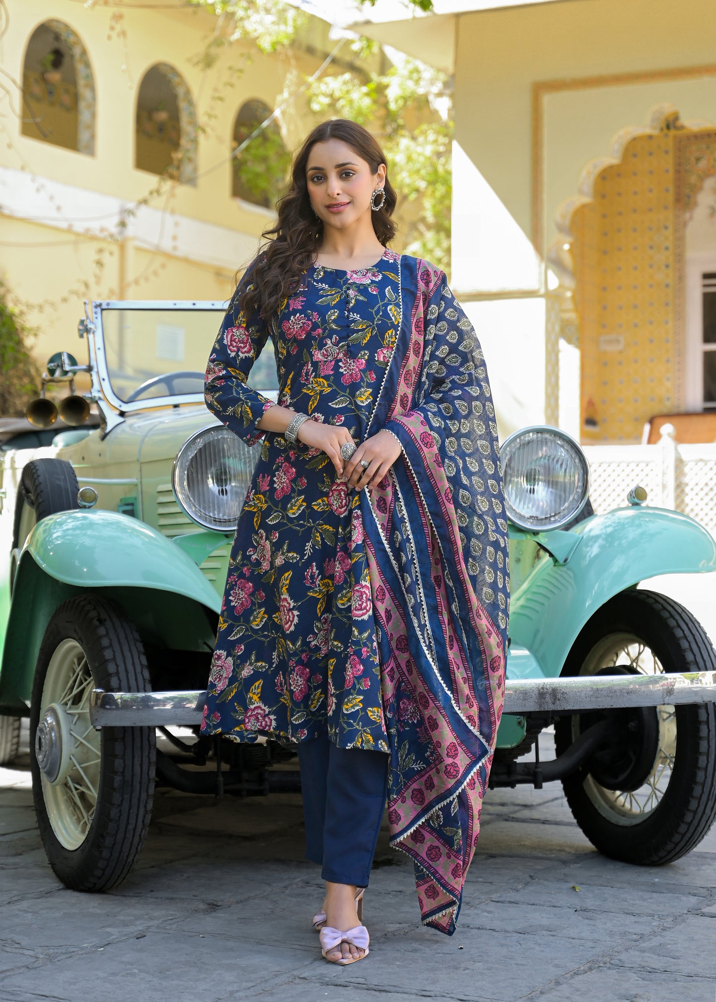 Ethnic Set Women Floral Printed Anarkali Blue Kurta And Pant Set With Dupatta