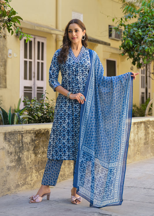 Ethnic Set Women Printed A-Line Blue Kurta And Pant Set With Dupatta