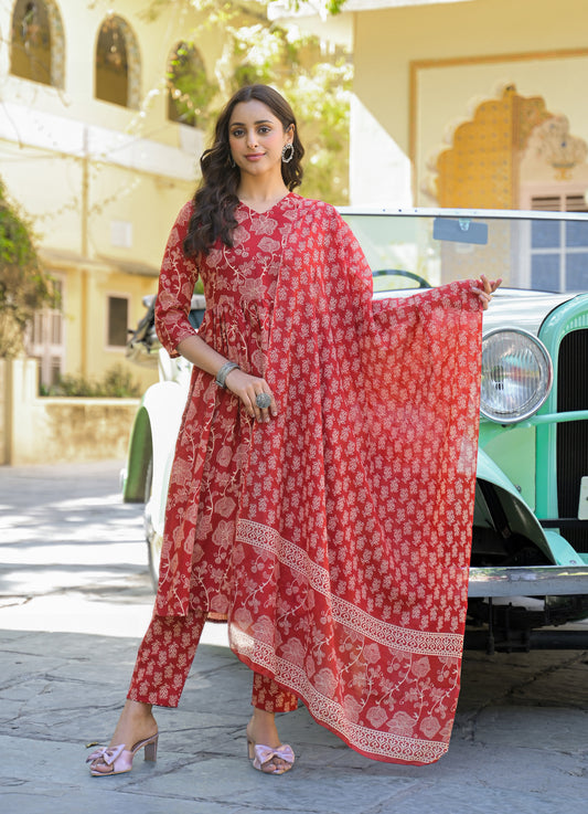Ethnic Set Women Floral Printed Anarkali Red Kurta And Pant Set With Dupatta