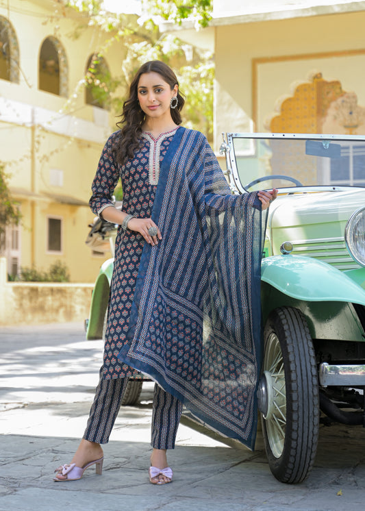 Ethnic Set Women Printed Straight Blue Kurta And Pant Set With Dupatta