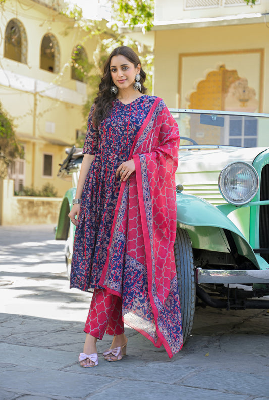 Ethnic Set Women Printed Anarkali Blue Kurta And Pant Set With Dupatta