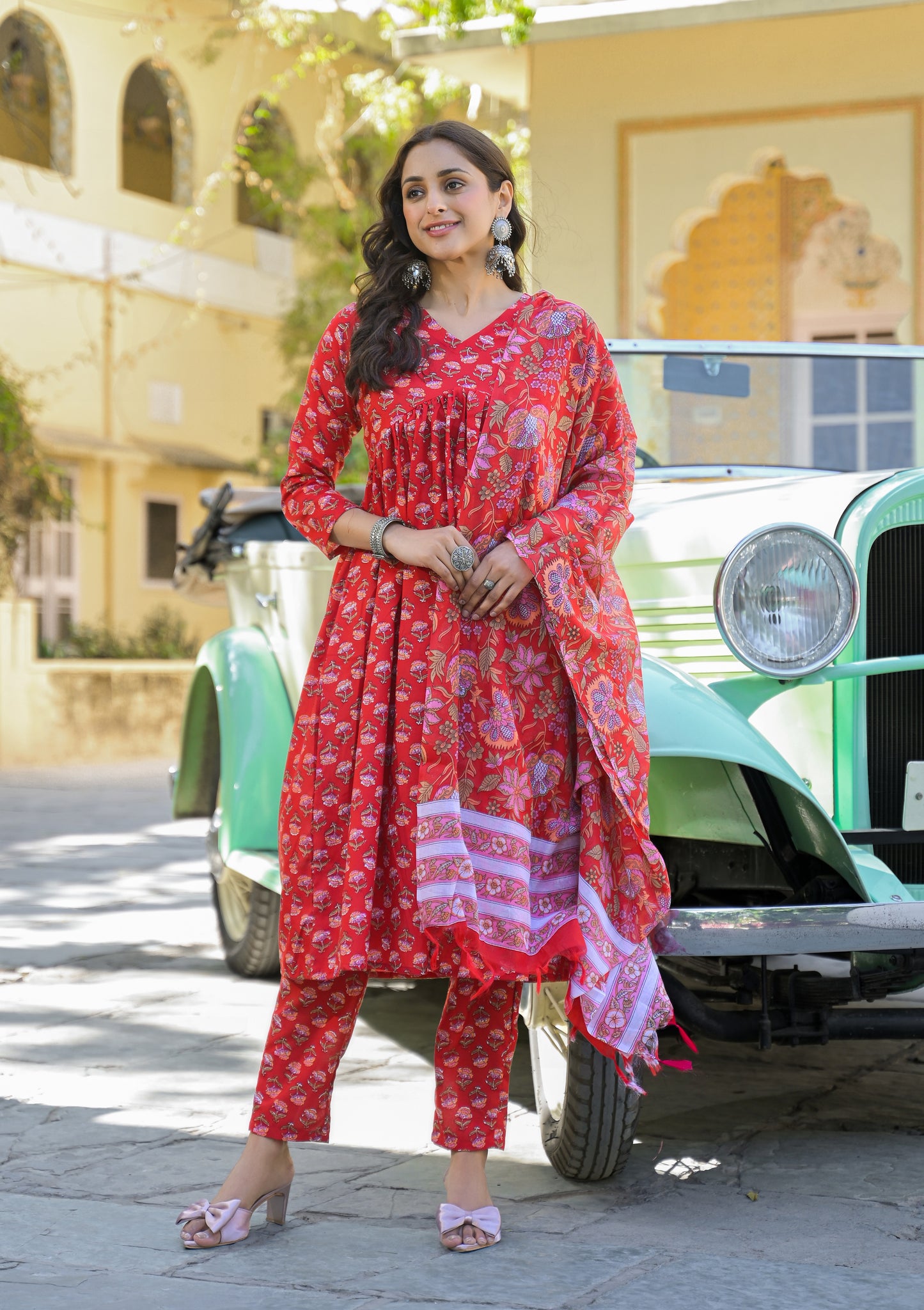 Ethnic Set Women Printed Anarkali Red Kurta And Pant Set With Dupatta