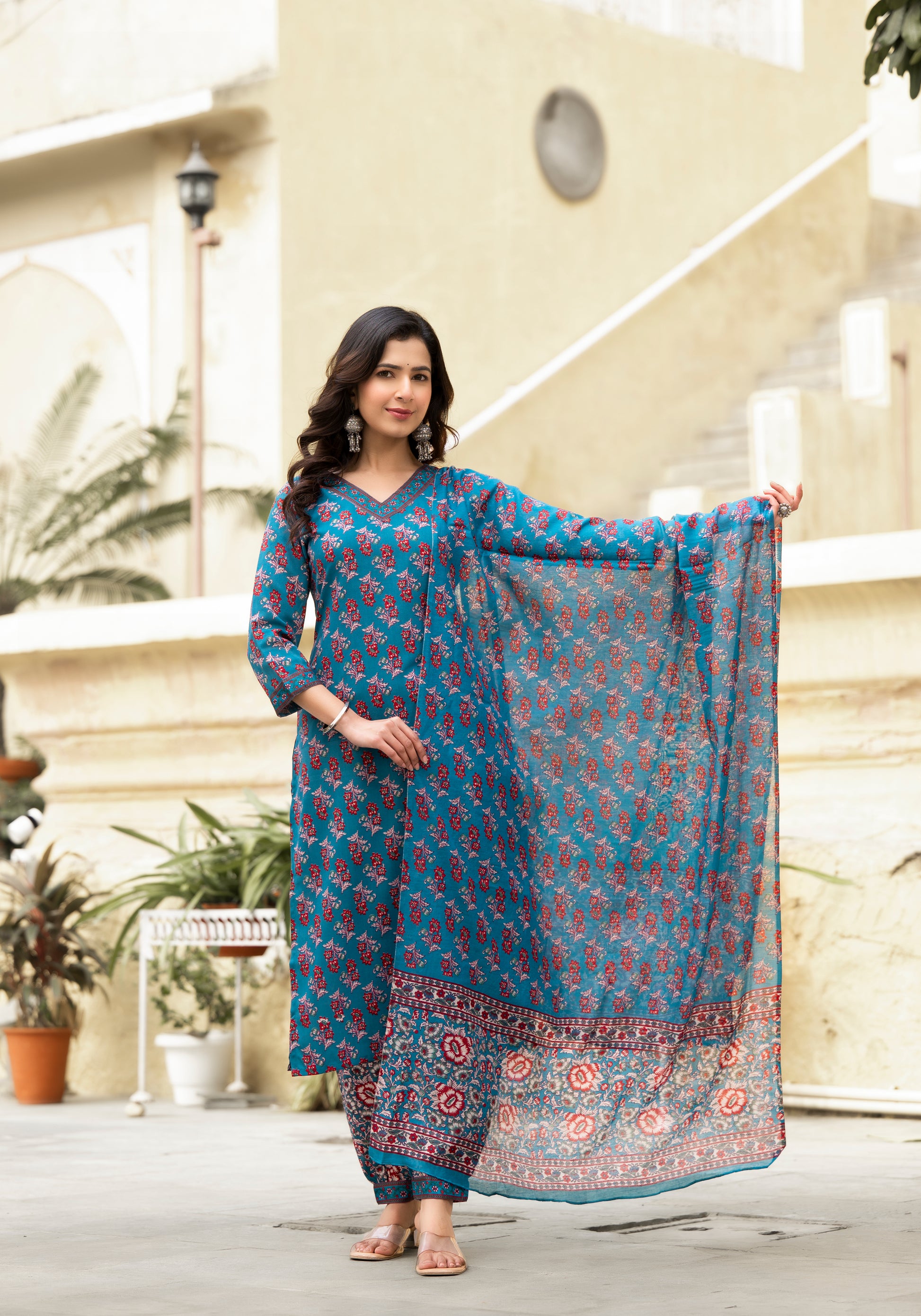 Ethnic set women Printed Kurta and afgani pant set with Dupatta - Ethnic Set