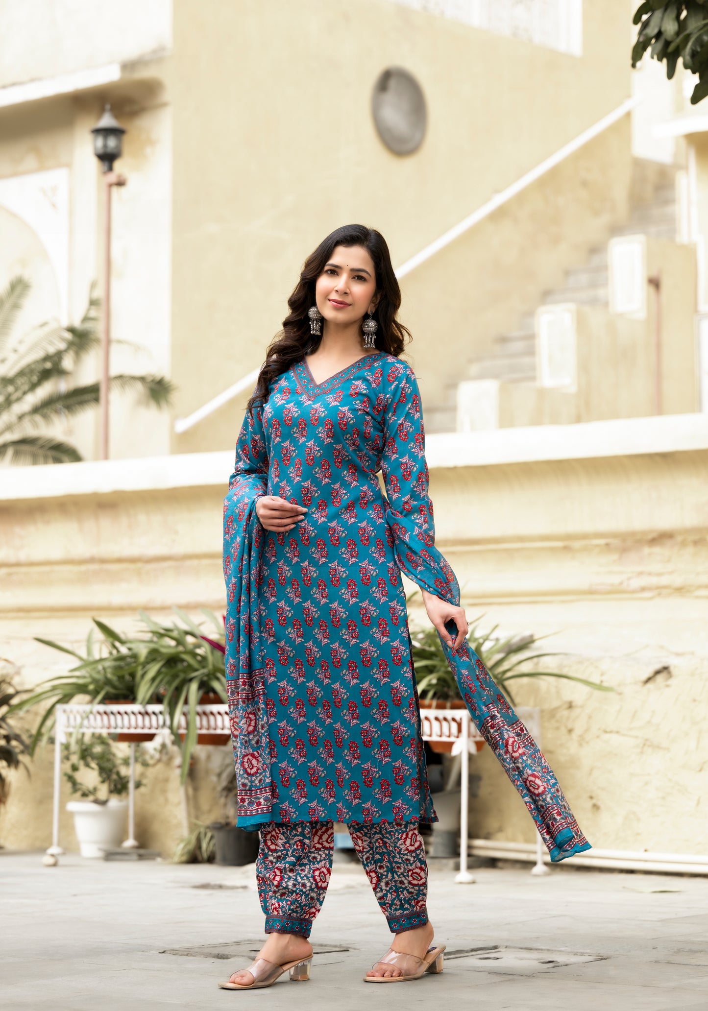Ethnic set women Printed Kurta and afgani pant set with Dupatta - Ethnic Set