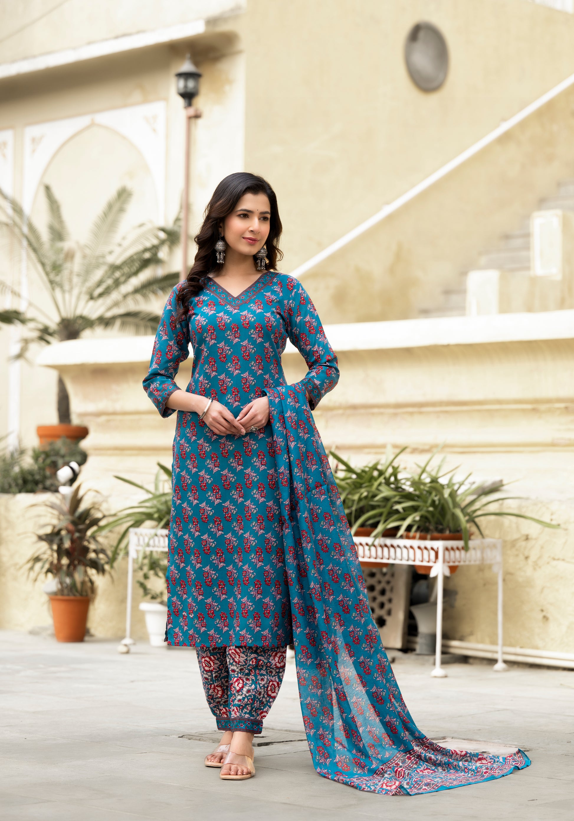Ethnic set women Printed Kurta and afgani pant set with Dupatta - Ethnic Set